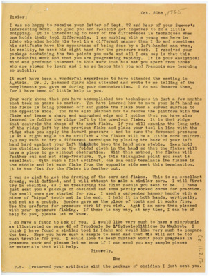 Letter discussing the progress of Tixier's flintknapping skills. Crabtree requests a microburin and discusses his recent work.