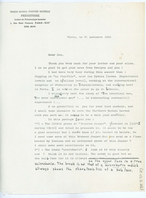 Copy of CE_B11-F2-Item25. Letter outlining the artifacts Tixier sent Crabtree. Tixier goes over his flintknapping work and problems and comments on Crabtree's Tebiwa article.