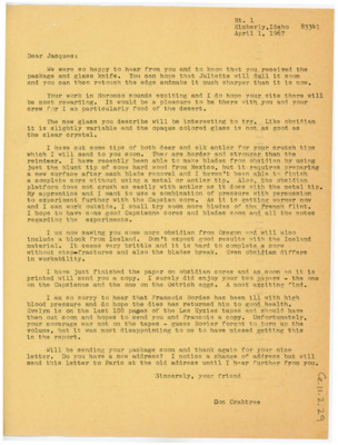 Letter from Donald Crabtree to Jacques Tixier