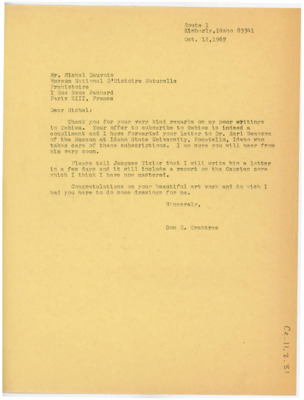Letter from Donald Crabtree to Michel Dauvois