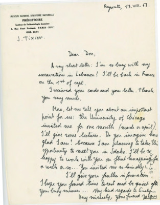 Letter from Jacques Tixier to Donald Crabtree