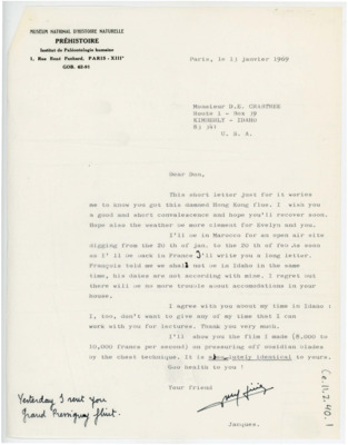 Letter discussing Tixier's travel plans to Idaho and what he plans to show Crabtree. Includes a pamphlet from the International Union for Quaternary Research.