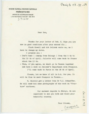 Letter from Jacques Tixier to Donald Crabtree