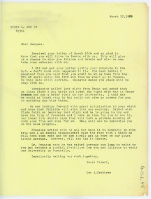 Letter from Donald Crabtree to Jacques Tixier