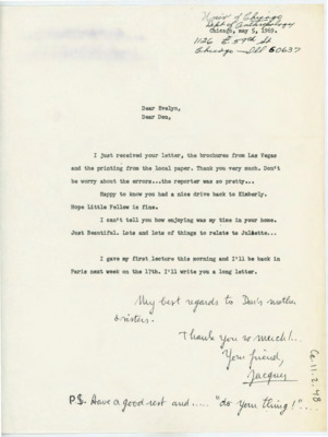 Letter from Jacques Tixier to Donald Crabtree and Evelyn Crabtree