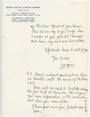 Letter from Jacques Tixier to Donald and Evelyn Crabtree