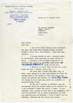 Letter from Jacques Tixier wishing the Crabtrees well. He writes he is sending Grand-Pressigny flint and some photos of a new flintknapping technique. He shares his work in Lebanon and asks how the Crabtrees are doing.