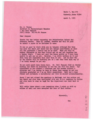 Letter from Donald Crabtree to Jacques Tixier