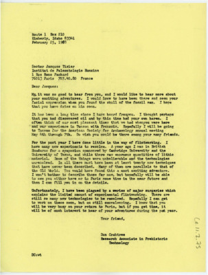 Letter from Donald Crabtree to Jacques Tixier
