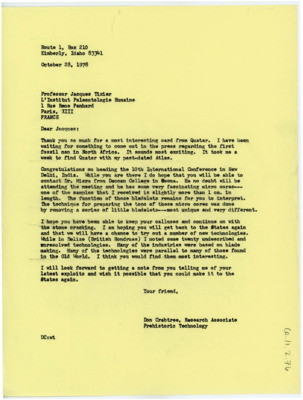 Letter from Donald Crabtree to Jacques Tixier