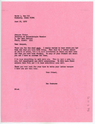 Letter from Donald Crabtree to Jacques Tixier