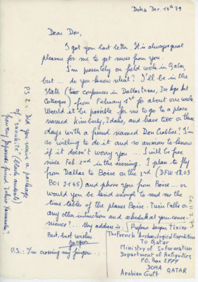 Letter from Jacques Tixier to Donald Crabtree