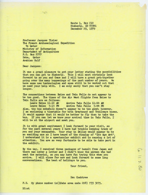Letter from Donald Crabtree to Jacques Tixier