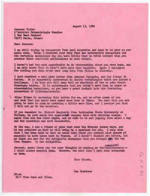 Letter discussing Bo Madsen's interest in Danish technologies. Crabtree wishes he could have visited with Tixier longer while he was in Idaho. His friend has open heart surgery with an obsidian blade, and Crabtree says he will be sending more jasper.