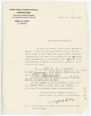 Letter from Jacques Tixier to Donald Crabtree