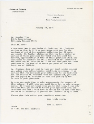 Letter from John A. Doerr to Douglas True