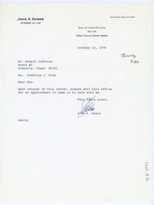 Letter from John A. Doerr to Donald Crabtree