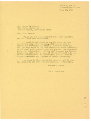 Letter from Donald Crabtree to James Watson