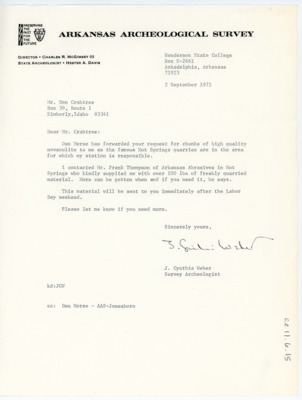 Letter informing Crabtree that 100 pounds of quarried rock will be sent to him from famous Hot Springs quarries.