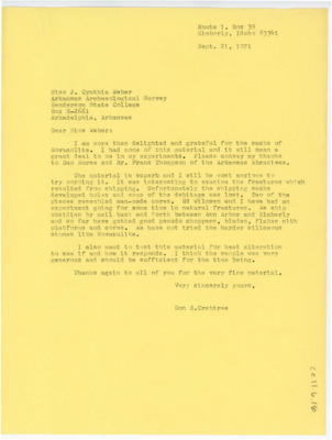 Letter thanking them for the quarried novaculite they sent to Crabtree. He discusses how he plans to experiment with the material including debitage experiments.