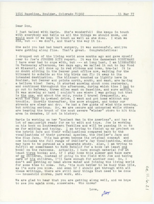 Letter discussing Welch's work on Joe Jurgen's site report and his trouble driving in a snowstorm. He shares what coworkers are working on and that he his working on a project with jays and writing a book on racoons.