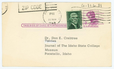 Postcard from Fred Wendorf to Donald Crabtree