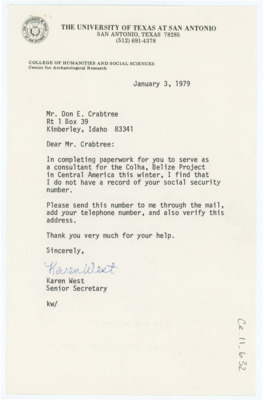 Letter from Karen West to Donald Crabtree