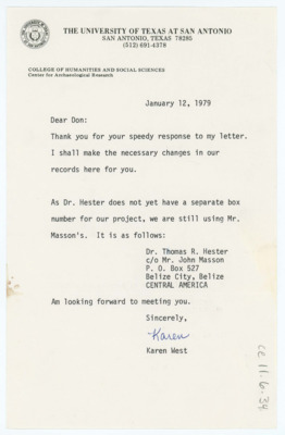 Letter from Karen West to Donald Crabtree