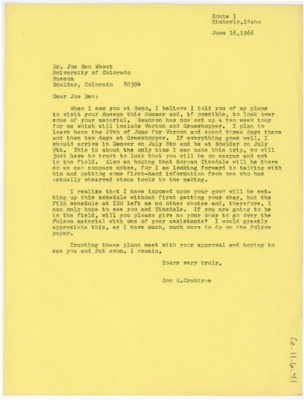 Letter from Donald Crabtree to Joe Ben Wheat