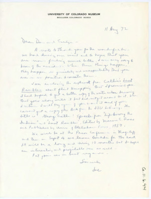 Letter thanking the Crabtrees for a fun visit. Wheat is sending Crabtree an excerpt from an article on flintknapping. He details his upcoming travels.