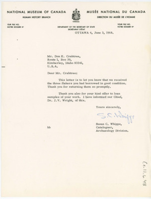 Letter confirming the arrival of the artifacts Crabtree returned.