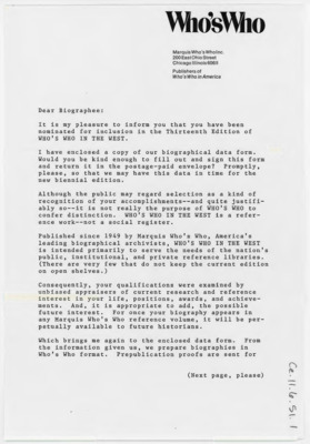 Letter informing Crabtree he was nominated for the Who's Who in the West reference publication. He included a copy of the biographical data form and hopes Crabtree will fill it out. He shares from of the history of the reference work and shares why Crabtree was chosen.