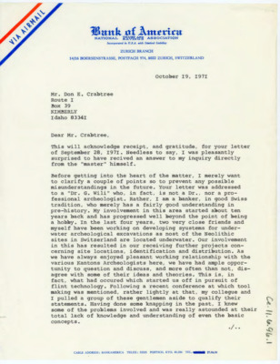 Letter introducing himself to Crabtree, and telling him about his flintknapping workshop aiming to educate local archaeologists.Wili discusses his problems in making bruins and asks new questions.
