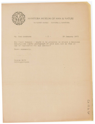 Second page of CE_B11_F6-Item60 asking for a description of Crabtree's tool kit for flintknapping.