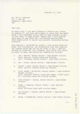 Letter listing artifacts that Wili sent for Crabtree's analysis. Wili gives some context to the artifacts including age, technique involved, and implications.