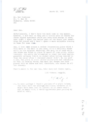 Letter discussing the specimens that Wili sent to Crabtree and a neolithic blade that Wili found.