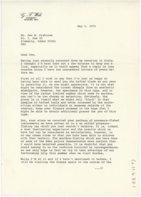 Letter discussing the blade he sent to Wili and the pressure flaking Wili has been practicing. Wili may be visiting Crabtree in Idaho.