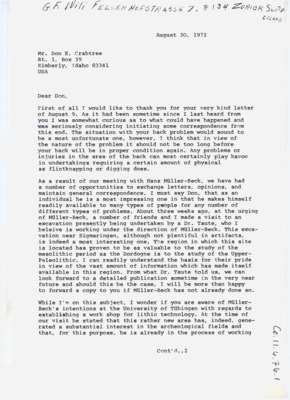 Letter extending sympathy for Crabtree's back injury. Wili discusses his work with Muller-Beck, an excavation, and his plans to open a lithic workshop at university.