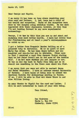 Letter talking about Crabtree's health and wishing better health to George Wili. He discusses the plans of other flintknappers and tries to help them meet Bruce and Helen Schroeder.