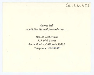 Card to Donald Crabtree from George Wili