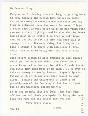 Letter discussing his friend Peter's visit with Crabtree. He discusses the artifacts Crabtree shared with Wili.