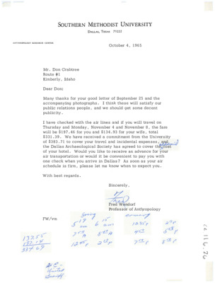 Letter informing Crabtree that the Southern Methodist University will be paying for Crabtree's trip to Dallas. The letter notes the expenses they will cover and when their flight will be. There is some handwritten math at the bottom of the letter.