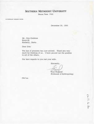 Letter from Fred Wendorf to Donald Crabtree