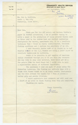 Typewritten letter from Kim Akerman where he thanked Crabtree for the prints he had sent him and updated him on his current work. He also sent him some of his own artifacts and described how he made them.
