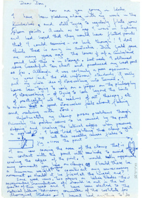 Handwritten letter from Akerman to Crabtree saying that he is currently working on replicating folsom points and a paper on the philosophy of stoneworking.He asked Crabtree for some advice on clamping pieces correctly. Two papers he was involved in are going to be published and he has been elected to the Material Culture Advisory Committee of the Institute for Aboriginal Studies.