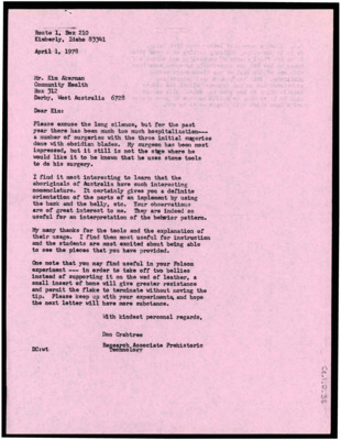 Letter from Donald Crabtree to Kim Akerman