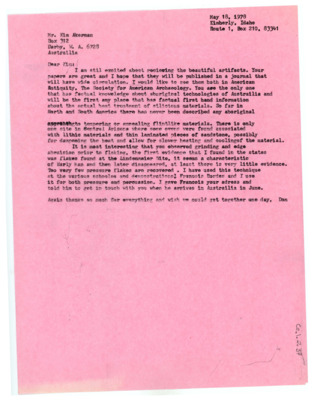 Letter from Donald Crabtree to Kim Akerman
