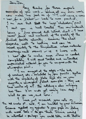 Handwritten letter where Akerman wrote to Crabtree about trying to replicate his point work and about some pieces he believed were heat treated. He planned to send Crabtree more examples of what is heat treated and what isn't. Science rejected his papers and asked Crabtree if he could put in a word with Tebiwa and American Antique.