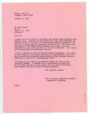 Letter from Crabtree to praise Kim Akerman’s tape