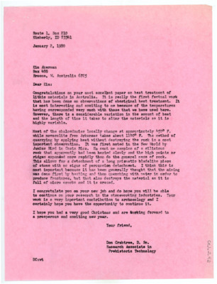 Letter from Donald Crabtree to Kim Akerman